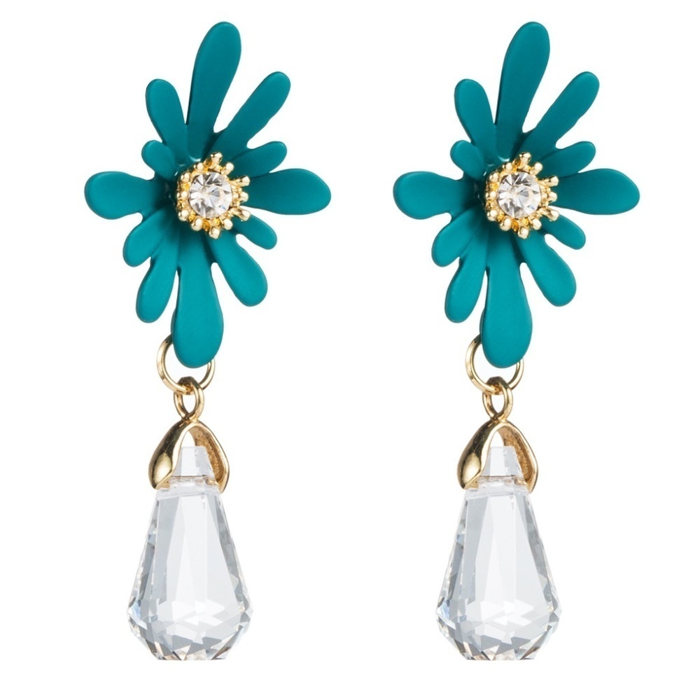 *LONDON* Teal Flower x Crystal Dangle Earrings